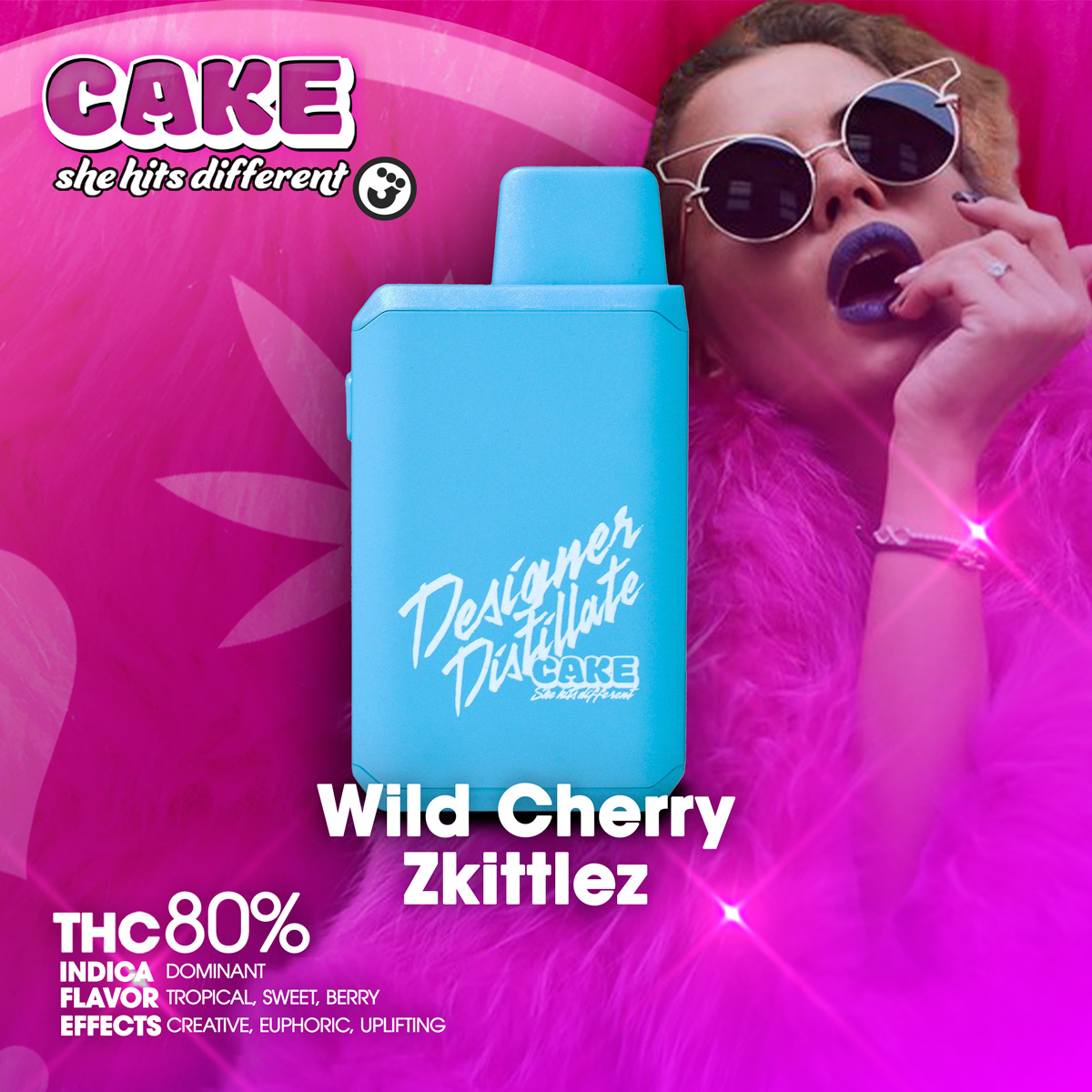 CAKE—Wild-Cherry-Zkittlez-Designer-Disposable—1×1-1200×1200 Quality Over Quantity - Cherry Gas Flower 14g