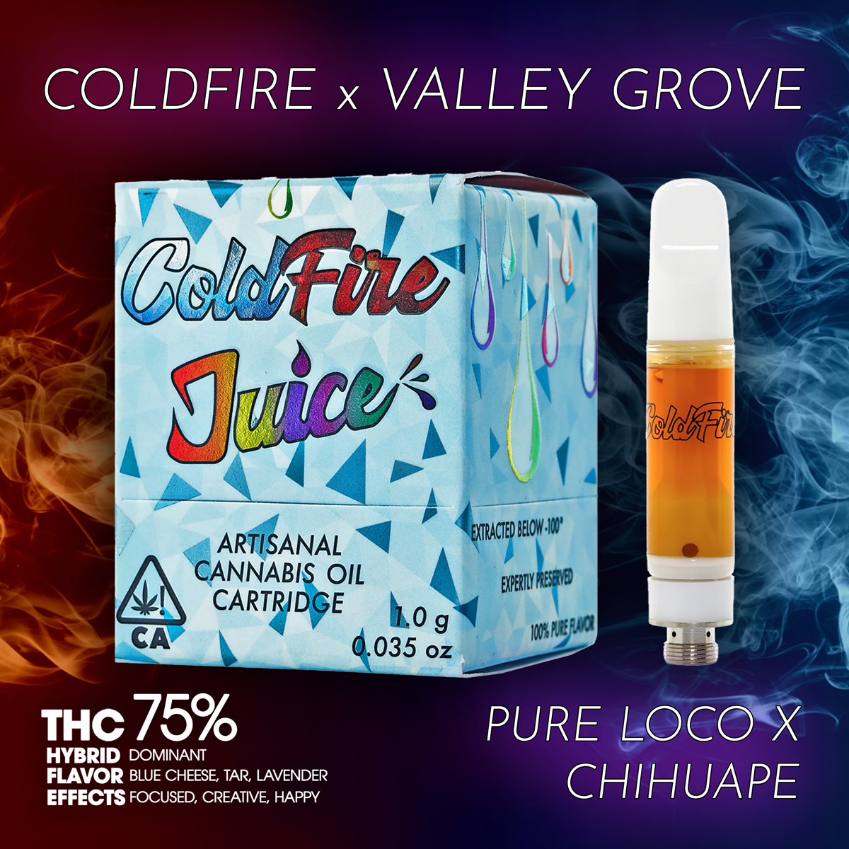 ColdFire-x-Valley-Grove-Pure-Loco-x-Chihuape-Vape-Cartridge-1×1-1200×1200 Cake - Sour Apple Pie Designer Distillate Disposable 1.25g