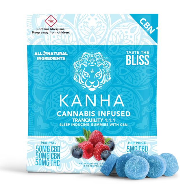 Kanha – Edibles – CNB Tranquility Gummies – WHT BG KANHA - Blue Raspberry CBN Tranquility Gummies 1:1:1 100mg