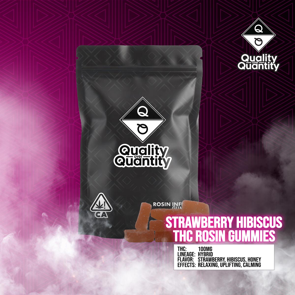 QUALITY OVER QUANTITY – Strawberry Hibiscus 1:1 CBD:THC Rosin Gummies 100mg
