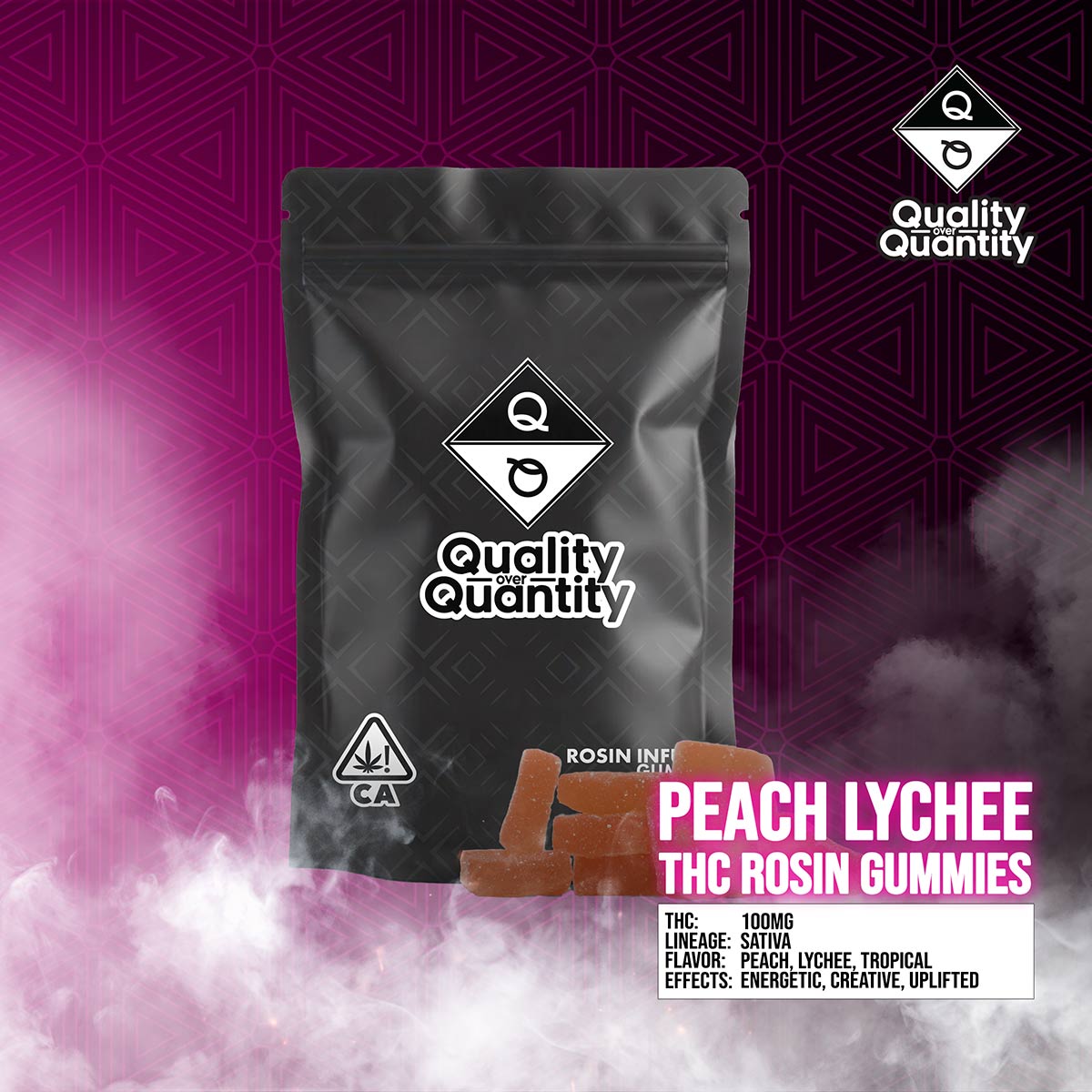 QUALITY OVER QUANTITY – Peach Lychee THC Rosin Gummies 100mg