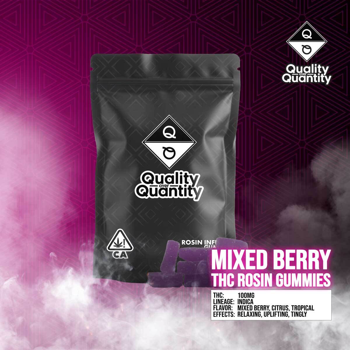 QUALITY OVER QUANTITY – Strawberry Hibiscus 1:1 CBD:THC Rosin Gummies 100mg
