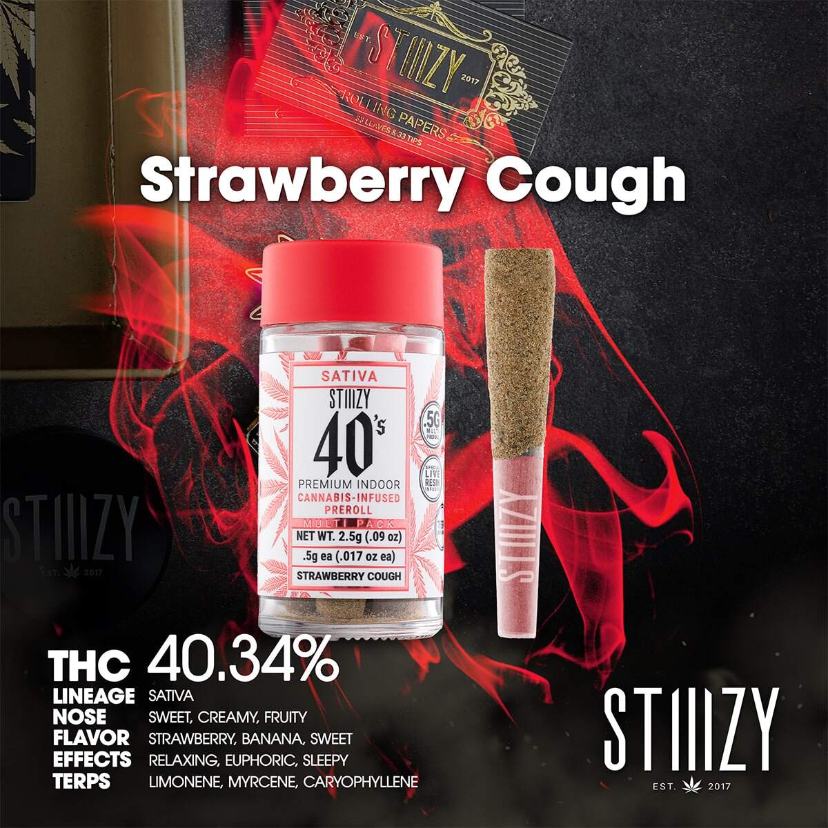 Stiiizy Strawberry Cough 40_s 1×1 Branded 1200×1200-min.jpg STIIIZY - Strawberry Cough 40's Preroll Pack 2.5g