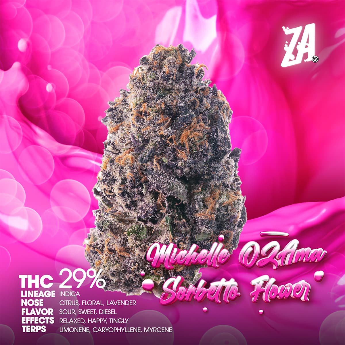ZA-Flower-Michelle-OZAma-Sorbetto-1×1-BRANDED-1200×1200 ZA - Michelle OZAma Sorbetto Flower 7g