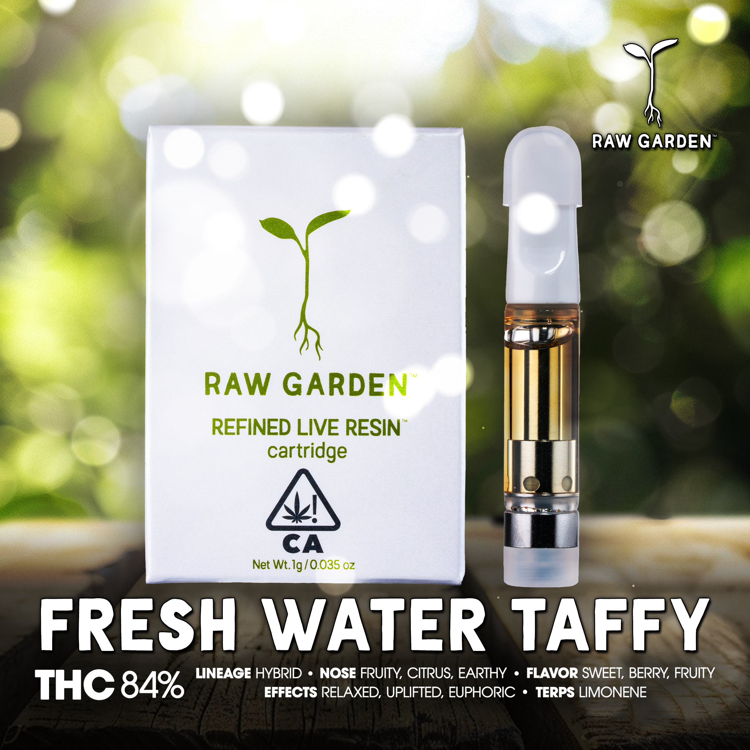 RAW GARDEN – Fresh Water Taffy Live Resin Cartridge 1g 1X1 BRANDED 2400×2400