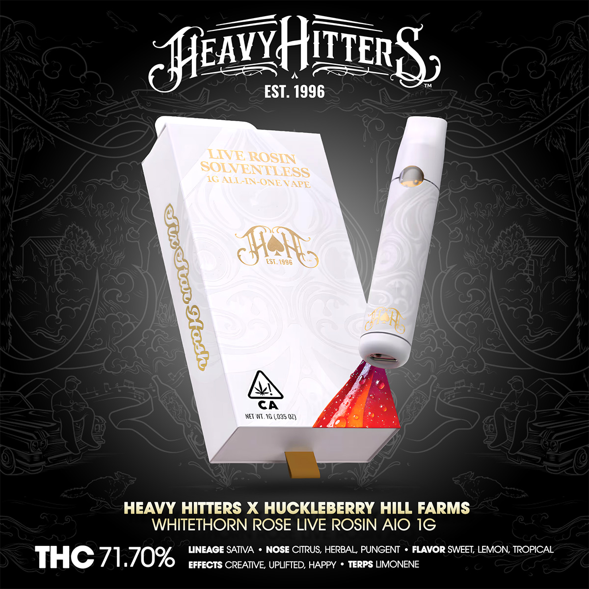 HEAVY HITTERS x HUCKLEBERRY HILL FARMS – Whitethorn Rose Live Rosin AIO 1g-1×1-BRANDED-1200×1200