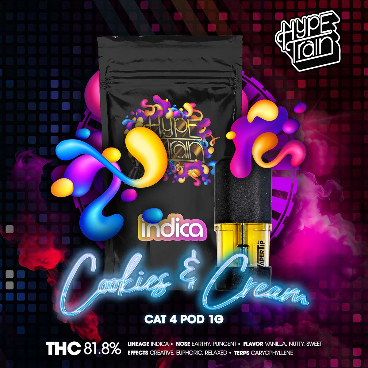 HYPE TRAIN – Cookies & Cream CAT 4 Pod 1g – 1×1 Branded 1200×1200