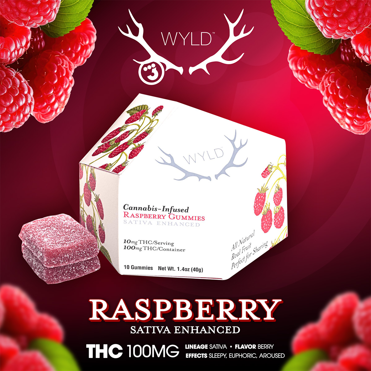 WYLD – Raspberry Sativa Enhanced Gummies 100mg – 1×1 Branded 1200×1200