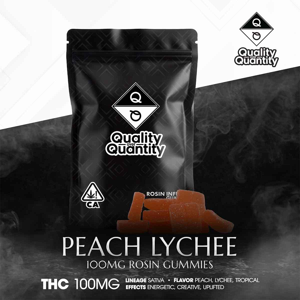 QUALITY OVER QUANTITY – Peach Lychee Rosin Gummies 100mg -1×1-BRANDED-1200×1200